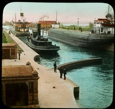 Greatest Canal Traffic in the World, Soo Canal, Sault Ste. Marie, Michigan, USA, Magic Lantern Slide, circa 1915