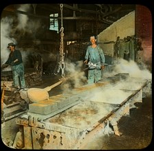 Worker Pouring Molten Copper into Ingot Molds, Calumet, Michigan, USA, Magic Lantern Slide, circa early 1900's