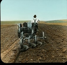 Plowing Prairie Soil with Tractor, South Dakota, USA, Magic Lantern Slide, circa 1910