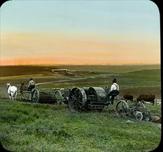 Manure Spreader Followed by Tractor Plowing Sod, near Omaha, Nebraska, USA, Magic Lantern Slide, circa 1910