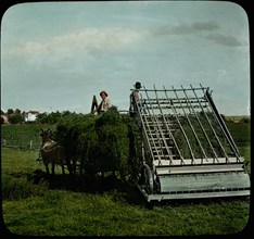 Handling Alfalfa Hay with Hay Loader on Farm of William Jennings Bryan, near Lincoln, Nebraska, USA, Magic Lantern Slide, circa 1910