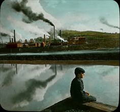 Copper Smelters and Mine, Young Boy in Foreground, Butte, Montana, USA, Magic Lantern Slide, circa 1910