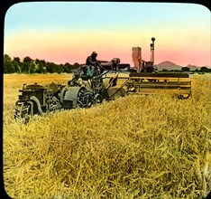 Harvesting Barley with Tractor, near Ft. Collins, Colorado, USA, Magic Lantern Slide, circa 1920