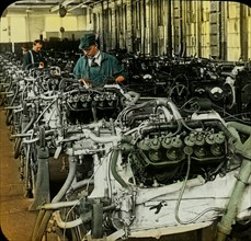 Experts Testing Automobile Engines in Detroit Plant, Michigan, USA, Magic Lantern Slide, circa 1915