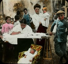 Women Embroidering in the Street, Palermo, Sicily, Italy, Magic Lantern Slide, circa 1910