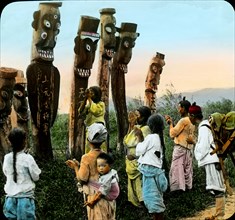 Natives Praying to Wooden Devils, Chosen, Korea, Magic Lantern Slide, circa 1900