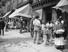 Group of People in Line to Receive Free Ice, New York City, New York, USA, Detroit Publishing Company, 1903