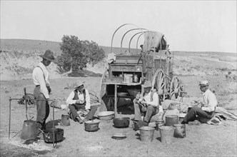 Cowboys and Wagon at Campsite, Texas, USA, Detroit Publishing Company, 1900