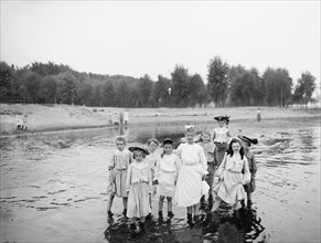 Group of Children at Free Public Baths, Harriet Island, St. Paul, Minnesota, USA, Detroit Publishing Company, 1905