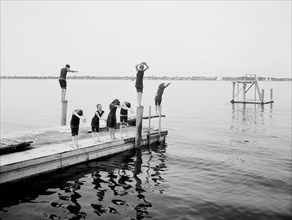 Group of Children Ready to Dive into Water, Shelter Island, New York, USA, Detroit Publishing Company, 1905