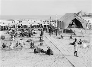 Beach Scene with First Aid Tent, Atlantic City, New Jersey, USA, Detroit Publishing Company, 1910