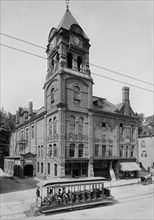 Street Scene, Post Office and Public Library, Bellows Falls, Vermont, USA, Detroit Publishing Company, 1905
