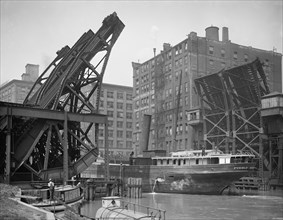 Ship Passing Through Jackknife Bridge, Chicago, Illinois, USA, Hans Behm for Detroit Publishing Company, 1907