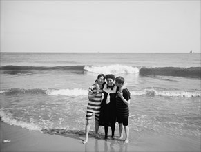 Three Friends on Beach, Coney Island, New York, USA, Detroit Publishing Company, 1905