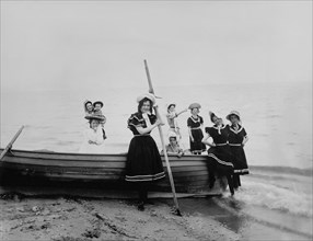 Group of Women and Girls with Boat at Beach, USA, Detroit Publishing Company, 1905
