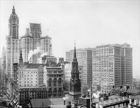 Cityscape with Singer, City Investing and Hudson Terminal Buildings, New York City, New York, USA, Detroit Publishing Company, 1908
