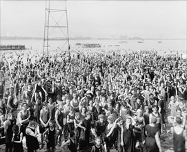 Portrait of Large Crowd at Beach, Belle Isle Park, Detroit, Michigan, USA, Detroit Publishing Company, 1910