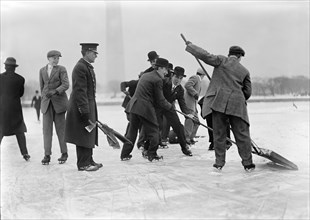 Ice Skating Party with Washington Monument in Background, Washington DC, USA, Harris & Ewing, 1912