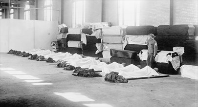 Corpses Laying on Floor with Coffins Lining Wall, Great Dayton Flood, Dayton, Ohio, USA, Harris & Ewing, 1913