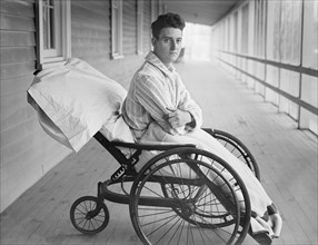 Young Veteran Soldier in Wheelchair on Porch, Walter Reed General Hospital, Washington DC, USA, Harris & Ewing, 1915