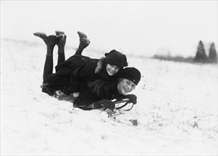 Two Smiling Girls on Snow Sled, Washington DC, USA, Harris & Ewing, 1920