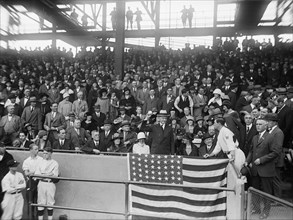 U.S. President Calvin Coolidge Throwing out First Baseball at World Series Game between Washington Senators and New York Giants, Griffith Stadium, Washington DC, USA, Harris & Ewing, 1924