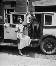 Woman Standing Next to Donkey in Automobile, USA, Harris & Ewing, 1931