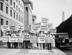 Protestors with Signs against Hugh S. Johnson, Head of National Recovery Administration (NRA), for his Firing of NRA Union President John Donovan, Washington DC, USA, Harris & Ewing, June 1934