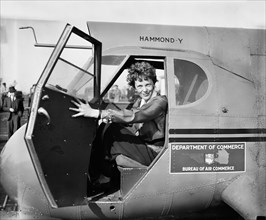 Amelia Earhart, Portrait Sitting in Airplane, USA, Harris & Ewing, 1936