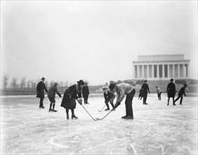 Recreational Hockey and Ice Skating with Lincoln Memorial in Background, Washington DC, USA, Harris & Ewing, January 1922