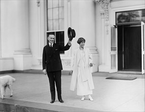 U.S. President Calvin Coolidge and First Lady Grace Coolidge Standing Outside White House, Washington DC, USA, Harris & Ewing, 1924