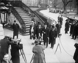 Eleanor Roosevelt and U.S. President Franklin D. Roosevelt with photographers outside White House on Inauguration Day, Washington DC, USA, Harris & Ewing, March 4, 1933
