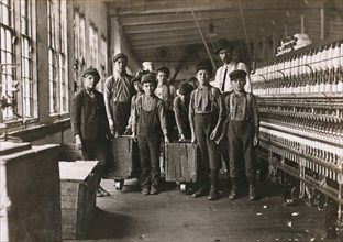 Superintendent and Group of Young Boys working as Doffers at Cotton Mill, Newton, North Carolina, USA, Lewis Hine, 1908