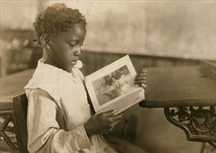 Young Girl Reading Book in Classroom, Pleasant Green School, Marlinton, Pocahontas County, West Virginia, USA, Lewis Hine, 1921