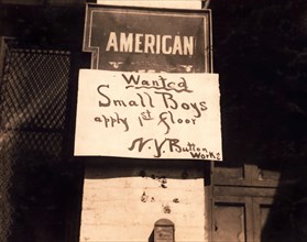 "Wanted, Small Boys" Sign, N.Y. Button Works, New York City, New York, USA, Lewis Hine, 1916