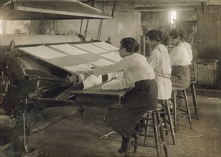 Three Young Teen Girls Working at Mangle at Bonanno Laundry, Boston, Massachusetts, USA, Lewis Hine, 1917