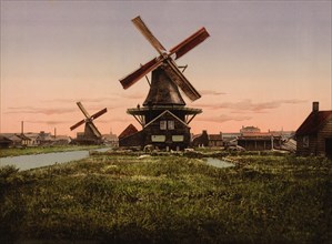 Two Windmills, Holland, Photochrome Print, Detroit Publishing Company, 1900