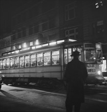 Trolley Carrying Workers to Night Shift at Bethlehem Fairfield Shipyard, Baltimore, Maryland, USA, Marjorie Collins for Office of War Information, April 1943