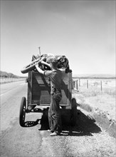 Drought Refugee from South Dakota on Highway Making Sure Nothing Falls off Trailer, Montana, USA, Arthur Rothstein for Farm Security Administration (FSA), July 1936