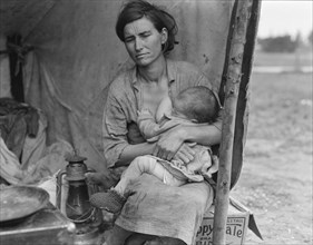 Migrant Mother, Florence Thompson, with One of her Children in Tent at Migrant Camp, Nipomo, California, USA, Dorothea Lange for Farm Security Administration, March 1936