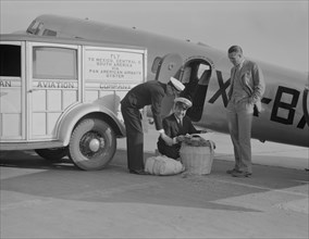 Plant Quarantine Inspector Examining Baggage Brought into U.S. by Plane from Mexico, Glendale, California, USA, Dorothea Lange for Farm Security Administration, May 1937