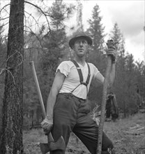 Lumberjack, Malheur National Forest, Grant County, Oregon, USA, Russell Lee, July 1942