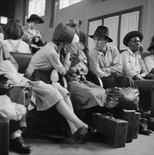 Passengers in Waiting Area of Greyhound Bus Terminal, Pittsburgh, Pennsylvania, USA, Esther Bubley for Office of War Information, September 1943