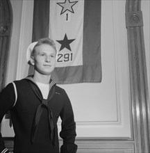 Young Sailor who Graduated High School in June, Standing in front of School's Service Flag, Washington DC, USA, Esther Bubley for Office of War Information, October 1943