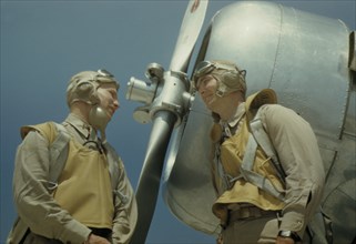 Two Pilots near Airplane Propeller, Page Field, Parris Island, South Carolina, USA, Alfred T. Palmer for Office of War Information, May 1942