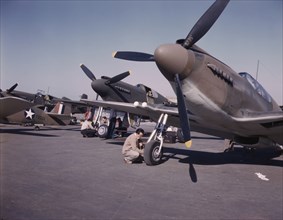 P-51 "Mustang" Fighter Planes Being Prepared for Test Flight, North American Aviation, Inc, Inglewood, California, USA, Alfred T. Palmer for Office of War Information, October 1942