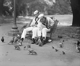 Two Sailors, F.R. Hudzik & H.W. Hornbrook, Feeding Pigeons in Park, Washington DC, USA, National Photo Company, August 1924