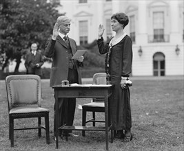 First Lady Grace Coolidge Taking Oath before Voting by Mail, White House Lawn, Washington DC, USA, National Photo Company, October 30, 1924