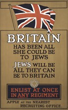 British WWI Recruitment Poster showing British Flag and Star of David, Printed by Hill, Sifkin & Company, London, England, UK, 1915
