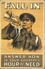 Soldier Blowing Bugle, "Fall In, Answer Now in your Country's Hour of Need", British WWI Poster, Printed by Hill, Sifkin & Company, London, England, UK, 1915